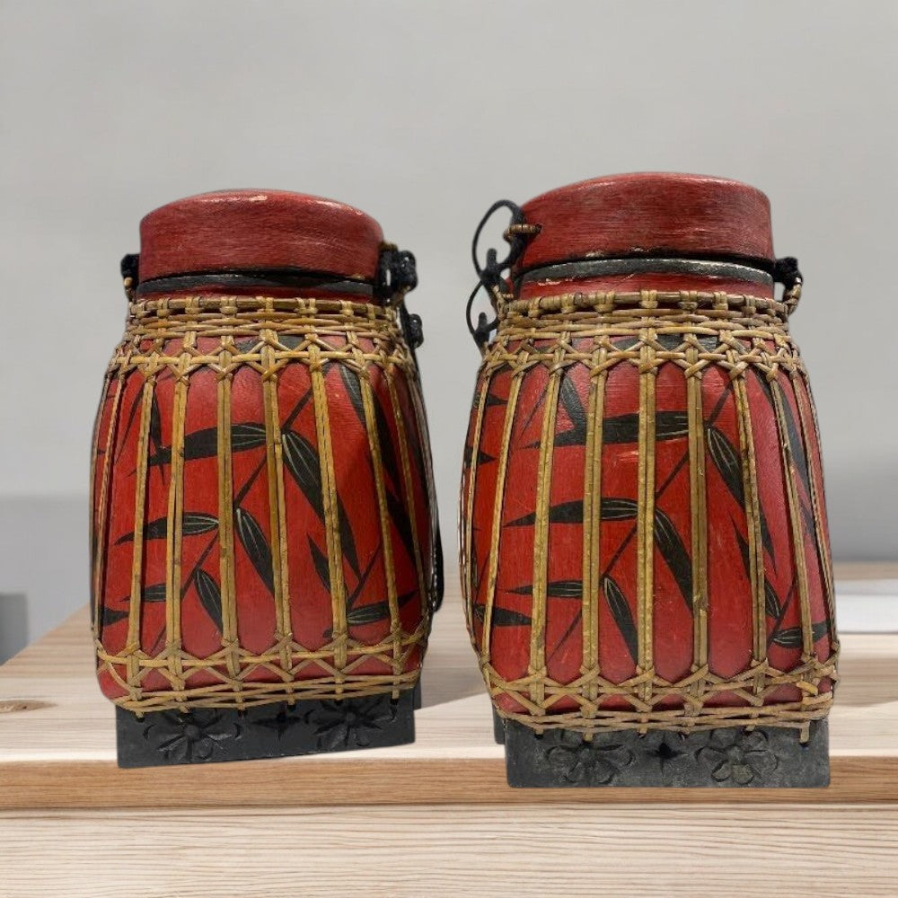 Traditional Bamboo Red Jar- Set of 2