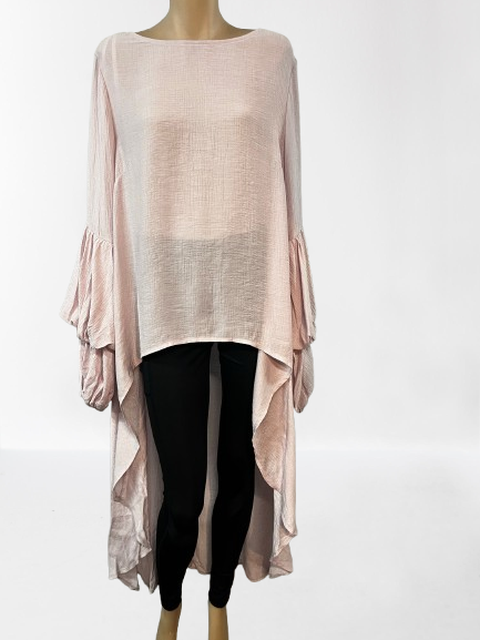 Flowy Ruffle Sleeve High-Low Blouse - Nude