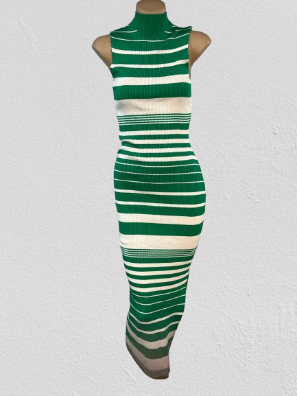 Striped High-Neck Knitted Midi Dress