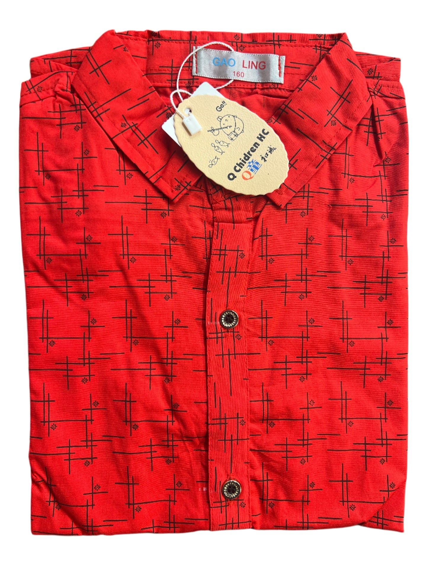 GAO Q Children Red Hatching Pattern Button-Up Shirt