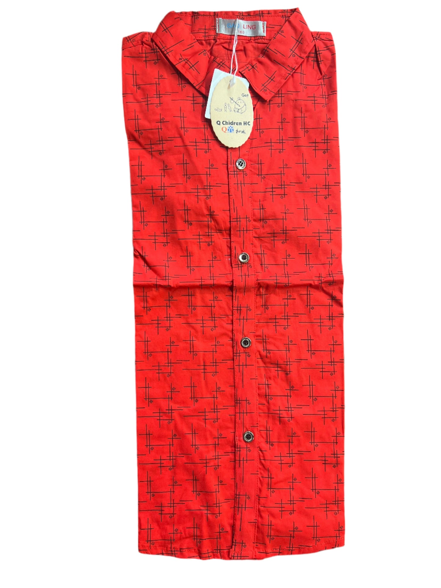 GAO Q Children Red Hatching Pattern Button-Up Shirt