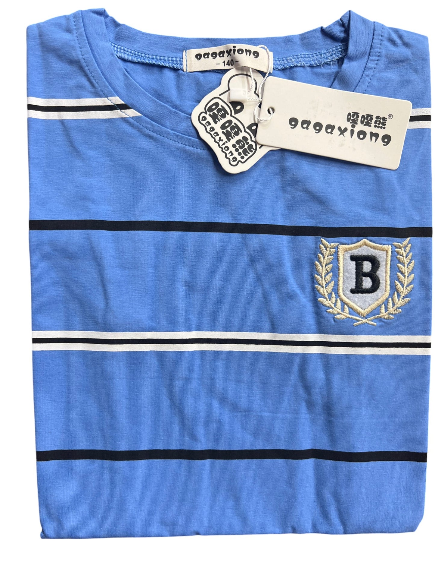 Gagaxiong Blue Striped Kids T-Shirt with Embroidered Logo