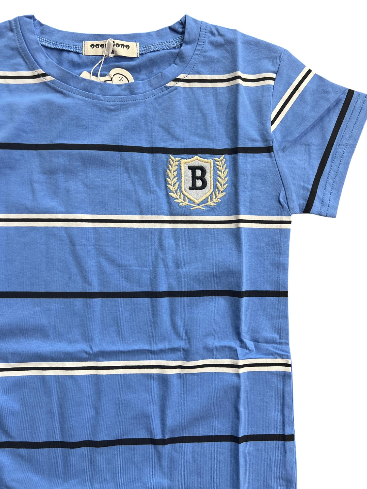 Gagaxiong Blue Striped Kids T-Shirt with Embroidered Logo