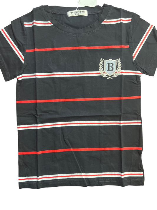 Gagaxiong Black Striped Kids T-Shirt with Embroidered Logo