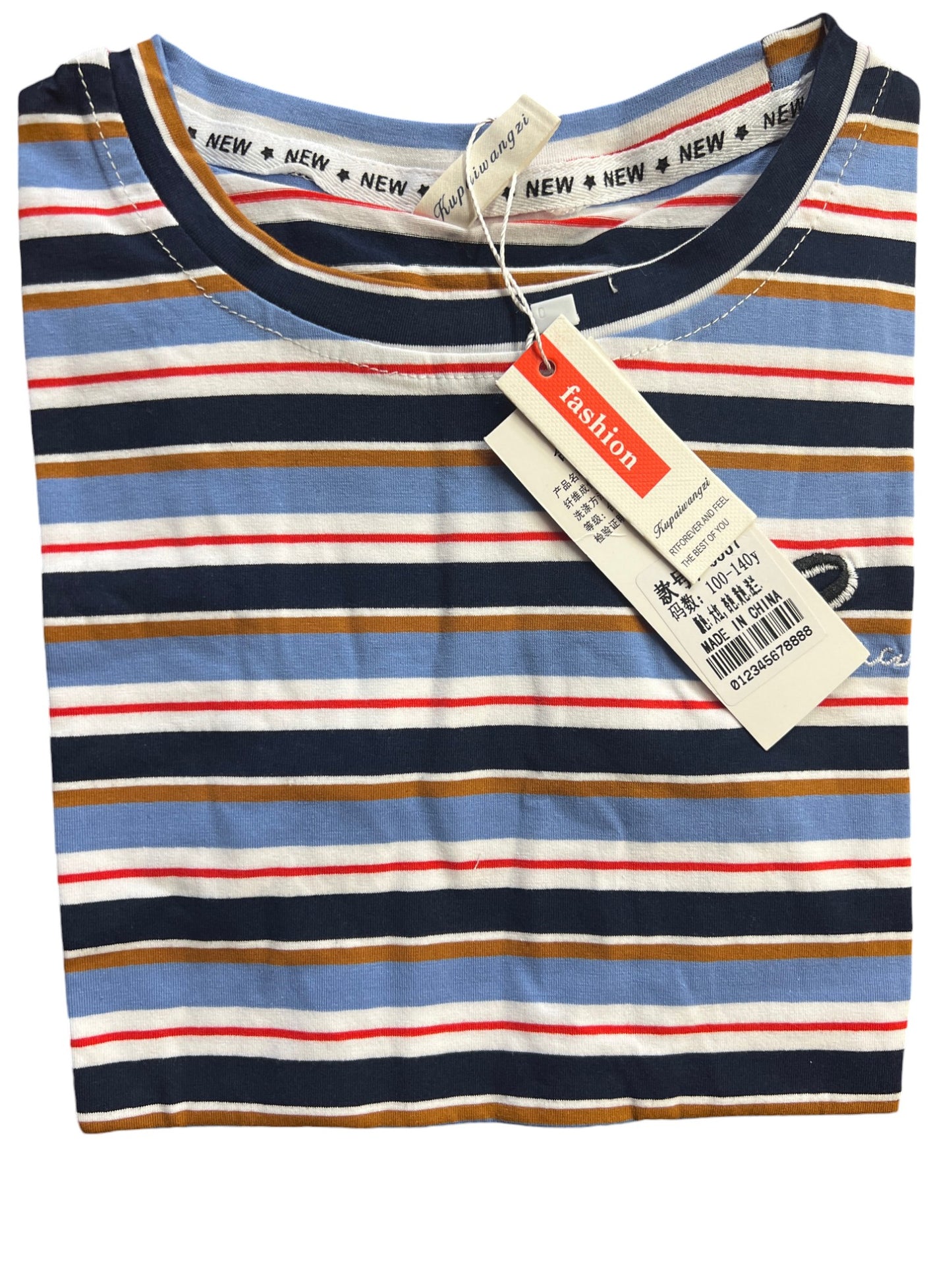 Multi-color Striped Kids T-Shirt with Embroidered Logo - Blue