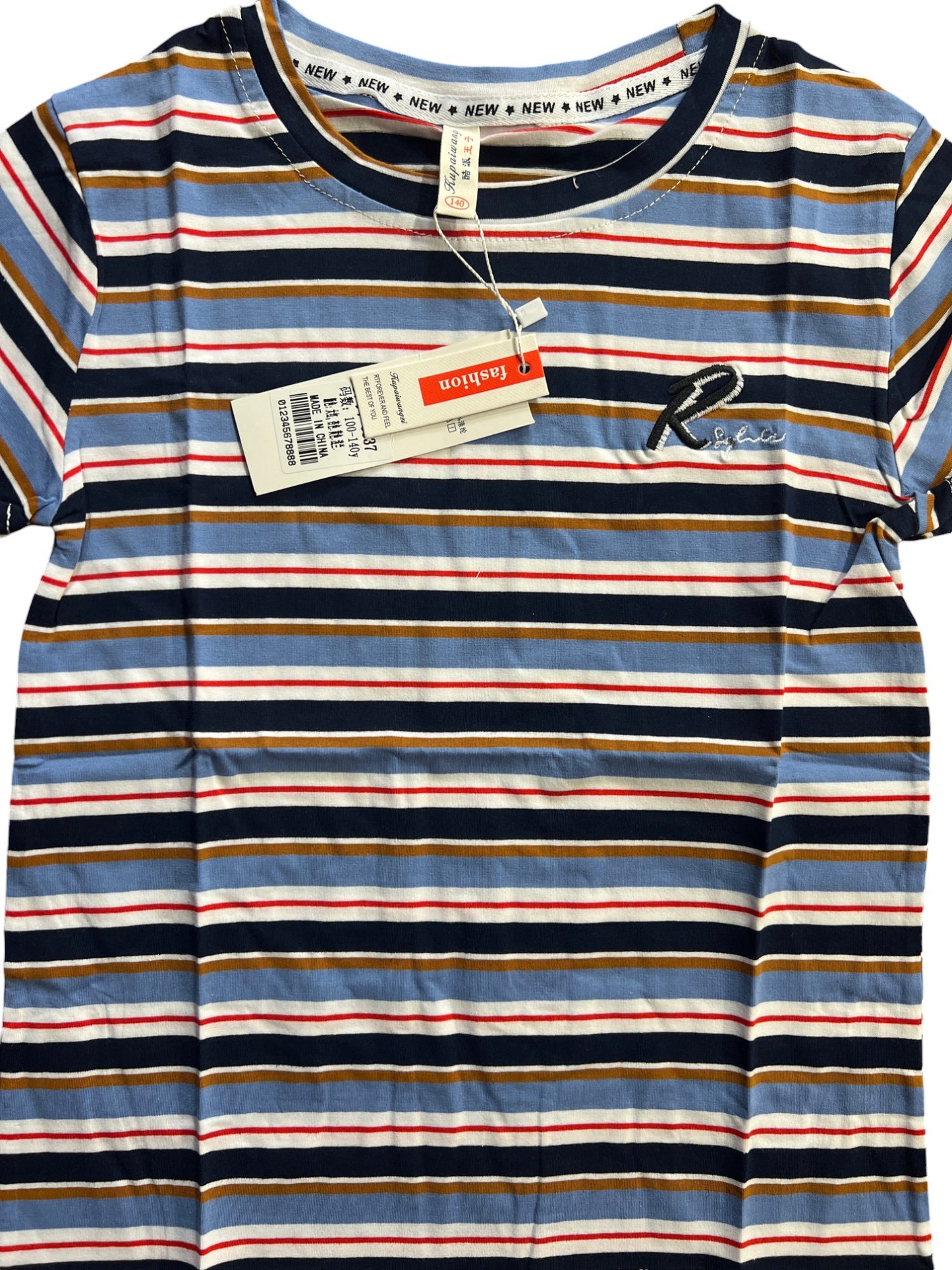 Multi-color Striped Kids T-Shirt with Embroidered Logo - Blue