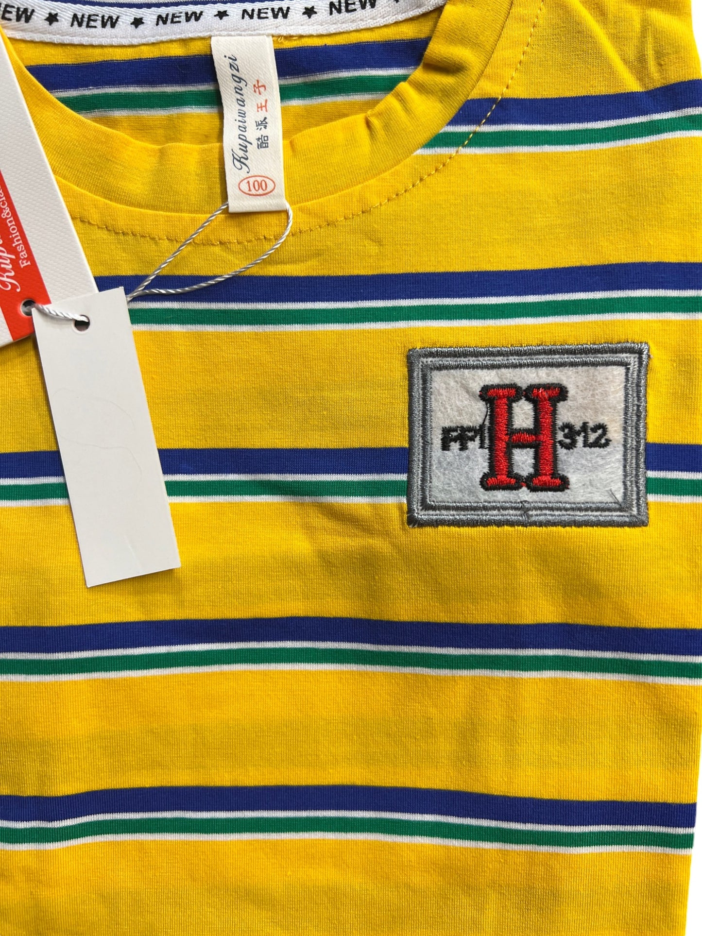 Yellow Striped Kids T-Shirt with Embroidered Logo - Yellow