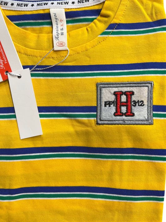 Yellow Striped Kids T-Shirt with Embroidered Logo - Yellow