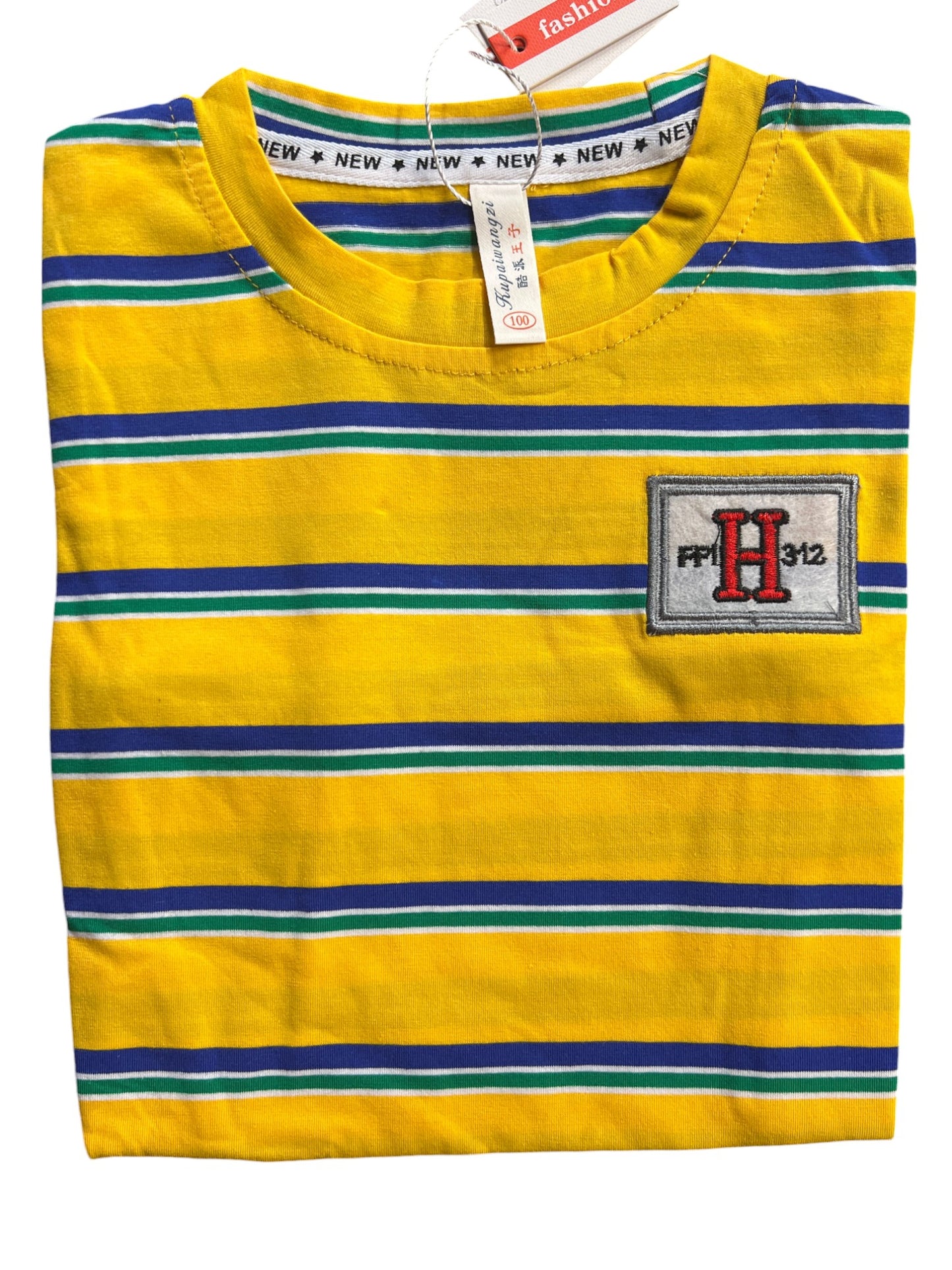 Yellow Striped Kids T-Shirt with Embroidered Logo - Yellow