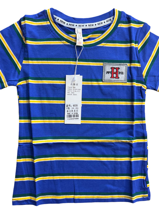 Blue Striped Kids T-Shirt with Embroidered Logo