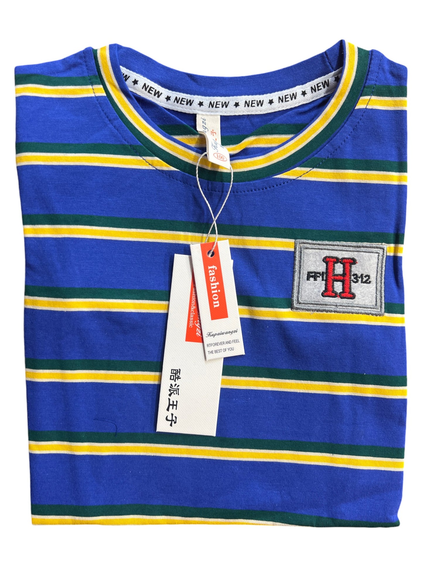 Blue Striped Kids T-Shirt with Embroidered Logo