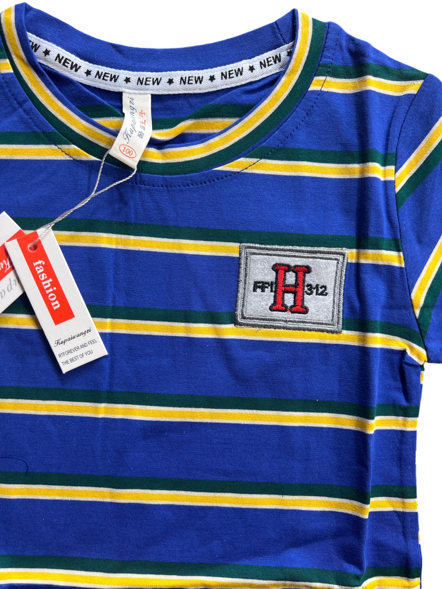 Blue Striped Kids T-Shirt with Embroidered Logo