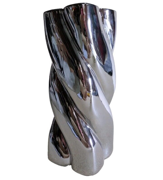 Chrome / Silver Ceramic Twisted Vase - 40cm